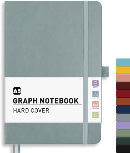 PYNEX Notizbuch A5 Kariert - Notebook Journal buch With 192 Blatt Graublau | Leder Hardcover Notebook,100GSM,180°flach,Karopapier (5 mm),14,5 x 21cm