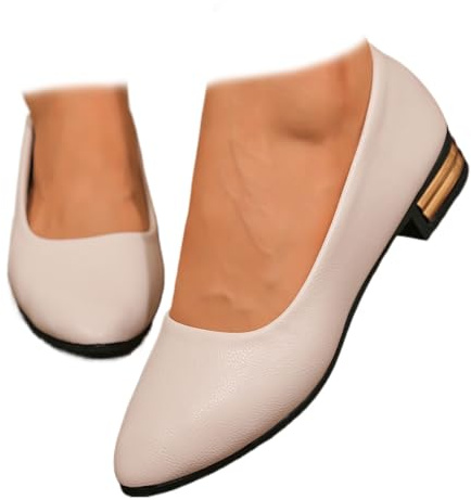 Mocasines planos cómodos de cuero para mujer, elegantes zapatos de tacón bajo Mary Jane, cómodos zapatos de bailarina, sin cordones, zapatos de punta redonda, White, 41 EU