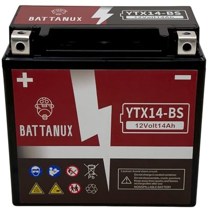Battanux YTX14-BS 12V 14Ah AGM Motorrad Batterie – Hohe Kapazität, Wartungsfrei, Auslaufsicher, Sofort Einsatzbereit für Motorrad, ATV & UTV
