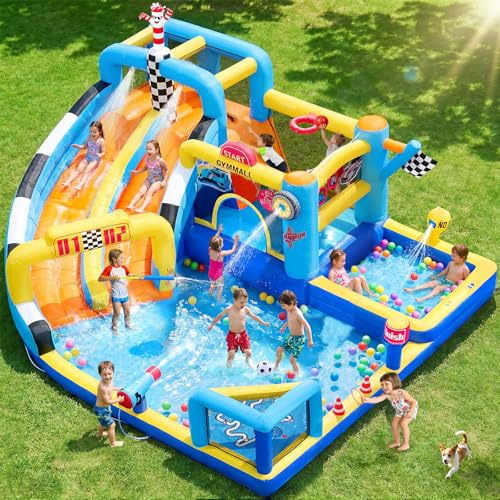 GYMMALL Renn-Aufblasbare Hüpfburg für Kinder, 12-in-1 Große Hüpfburg mit 750W Gebläse, Doppelte Wasserrutsche, Planschbecken, Trampolin und Fußballtor für grenzenlosen Indoor & Outdoor Spaß