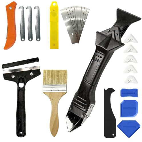 Silikonentferner Werkzeug Set [25-teilig], 5-In-1 Silikon-Dichtungswerkzeug-Set, Fugenkratzer Fliesen, Fugenmesser, Silikon Fugenglätter, Fliesen Gelenkwerkzeug mit Ersatzklingen, Fugenschaber, Pinsel