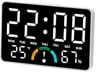 Vortex GH9007WW digital LED-vägg- och bordsklocka – stor skärm med temperatur-, fuktighets- och komfortvisning – vit – 10 x 3 x 16 cm