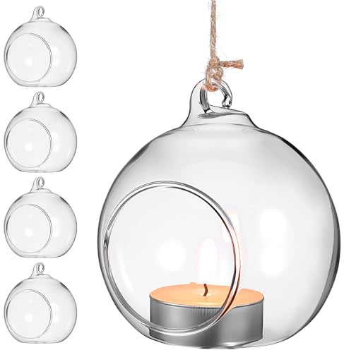 TOKIDNY Kerzenhalter Hängend aus Glas 5 Stück Glaskugel Terrarium mit 3 Belüftungsöffnungen Flachboden und Seil für Hochzeiten