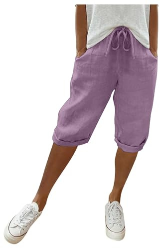 Bermuda Short Femme en Lin Et Coton Ete Shorts Et Bermudas De Plage Taille Elastique Shorts Vetement avec Poches Leger Chic, Pantalon Court Jogging Grande Taille Décontracté pour Vacances