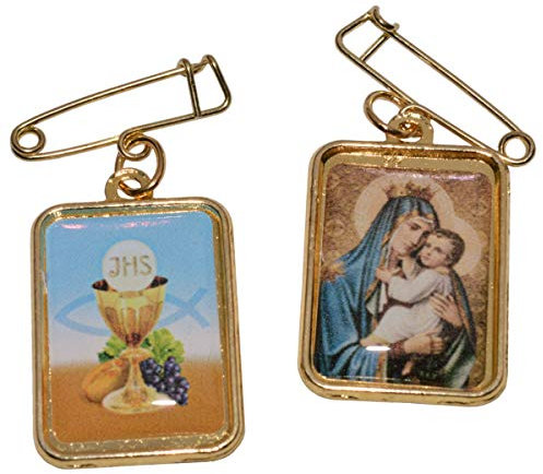 Junker Kirchenbedarf Lot de 10 Epinglettes Communion, Broches épingles religieuses Médaille scapulaire Motif Calice/Marie, 18x23mm
