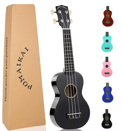 POMAIKAI Sopran-Ukulele für Anfänger, 21 Zoll Ukulele Holz Kleinkind Gitarre Kleine Hawaii Ukalalee Starter (Schwarz)