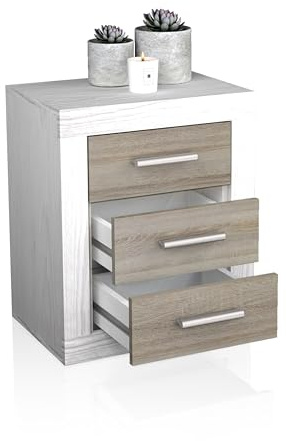 duehome | Mesita de Noche, Mesilla de Dormitorio, Modelo Kira, Acabado en Color Andersen Pino y Gris, Medidas: 50 cm (Largo) x 34,6 cm (Fondo) x 60 cm (Alto)