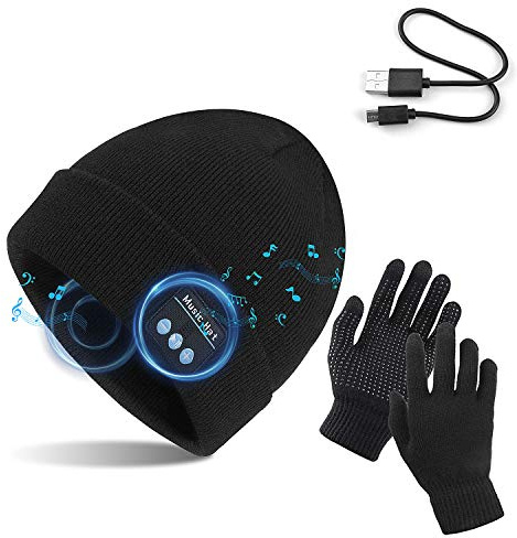 TAGVO Bonnet Bluetooth V5.0 avec Gants tactiles, Hiver Chaud tricoté sans Fil Bluetooth Casque Musique Chapeau pour la Course à Pied, randonnée, Cadeau de Noël