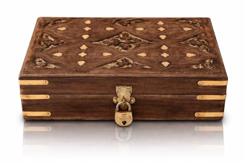 Handgefertigte, dekorative Schmuckschatulle aus Holz mit Schloss und Schlüssel, Schmuck-Organizer, Andenken-Box, Schatztruhe, Schmuckhalter, Schlossbox, Uhrenschachtel, 20,32 x 12,7 cm, Geschenkidee
