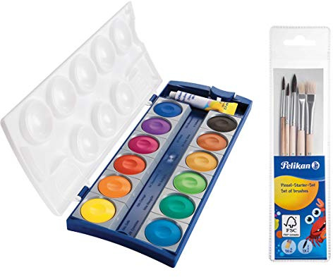 Pelikan 720250 K12 Boîte de peinture 12 couleurs + 1 tube blanc opaque Standard scolaire (boîte de peinture et 5 pinceaux)