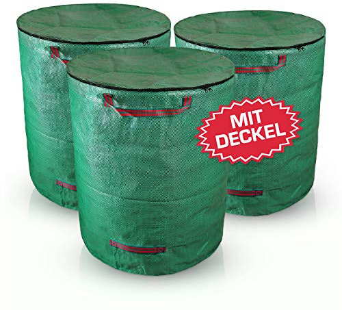 Bolson 3er Set Gartensack mit Deckel verschließbar - 272L Gartenabfallsack mit extra verstärktem Boden - Selbststehender & faltbarer Laubsack mit 4 stabilen Griffen - Für Gartenabfall & Laub