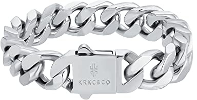 KRKC&CO 14mm Weißgold Cuban Armband, Kubanische Gliederarmband, Silber Hip Hop Armband für Herren/Jungen 19cm