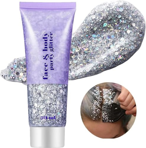 Beliky Girl Body Glitter Gel, 50ml Face Glitters Body Sequins Shimmer Liquid Eyeshadow, Mermaid Sequins Liquid Holographic Glitter Gel, Chunky Glitters for Eye Hair Nail DIY Art(Silver)