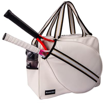 Remobia Hicol Weiße PU Leder Frauen Große Sport Handtasche Tennis Schläger Umhängetasche Tennis Tote Bag für 2 Schläger, mit Wasserflaschenhalter