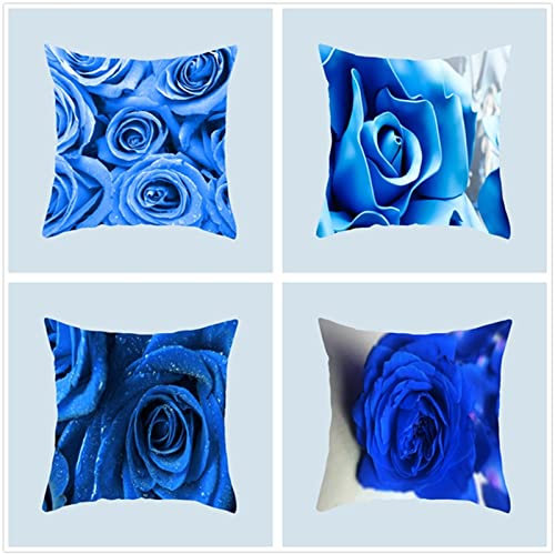 Tinnoon Kissenbezug 40x40cm 4er SetBoho Wohnzimmer Outdoor Deko, Schlafzimmer Zimmer Dekor Kissenhülle Kissenbezüge mit Verstecktem Reißverschluss, Couchkissen, Sofakissen Weinachten Blaue Blumenrose