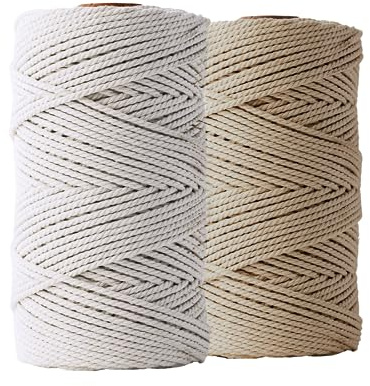LEDENT Cuerda de Macramé (3mm, 2 x 120M, Set 2 Colores, Crudo y Arena) – Cuerda torcida de algodón 100% Reciclado para Manualidades – Hilo Grueso para proyectos creativos