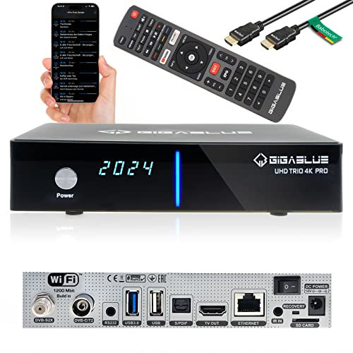 GigaBlue Cavo UHD Trio 4K Pro, ricevitore satellitare DVB-S2X/C/T2, sintonizzatore, PVR-Ready su scheda USB/SD, WLAN 1200 Mbit/s, HDMI, USB, LAN, Bluetooth, alimentatore di rete da 12 V