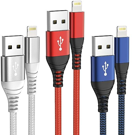 IDISON Iphone Charging Cable 2m 3Pack,MFi Certified Apple iPhone Charger Cable,Nylon Braided usb to Lightning Cable for iPhone 14 13 12 11 XS XR X Pro Max Mini 8 7 6S 6 Plus 5S SE(Red,Blue,Silver)