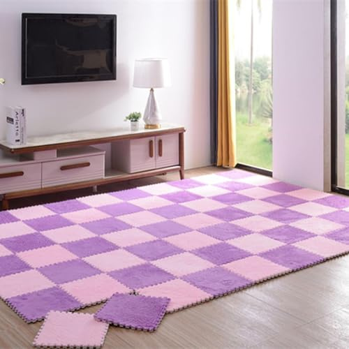 Weiche Ineinandergreifende Teppichfliesen, 18 Stück Plüschschaum-Fußmatten, Flauschige Puzzle-Teppiche, Quadratische Matten, 1 cm Dick,Rosa+Lila