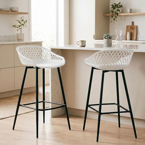 IDIMEX Lot de 2 tabourets de Bar IREK Chaise Haute pour Cuisine ou comptoir, Assise en Plastique Blanc et Pieds en métal Noir, Hauteur d'assise 75 cm