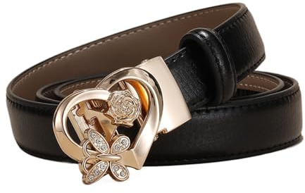 WRJAHCG Damen Gürtel Rot Ratsche, Ledergürtel Damen Schmal 24mm, Weiß Modischer Verstellbarer Gürtel mit Automatischer Schnalle Legierung mit Hohlem Muster,Schwarz,100CM/39.4''