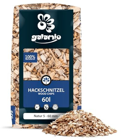 GALAMIO Holzhackschnitzel Hackschnitzel Mulch Natur Wald Kiefer Pinus Sylvestris Für Garten Hochbeet Dekor Holz Deko Häcksel Grob 5-60mm 60l Sack / 1 Karton