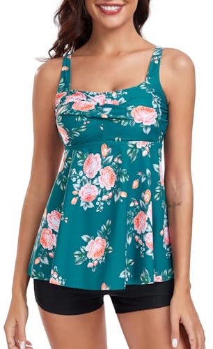 FLYILY Tankini i 2 delar för kvinnor, främre vridning, tankini topp med boyshorts, magkontroll, badmode, baddräkt med blommor, Grönblomma, L
