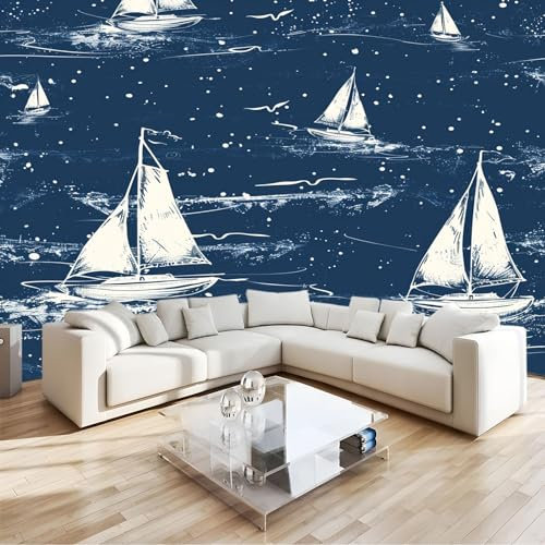 Fotomurale Mare blu dipinto della barca a vela Carta da parati Fotomurali TNT Murale alla Moda Decorazione da Muro Poster Gigante Design Carta per pareti 200x140 cm