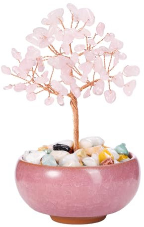 Jovivi 7 Chakra Albero della Vita Soprammobile Decorativo Bonsai Albero della Fortuna Pietre e Cristalli con Ciotola Ceramica Feng Shui Albero Artificiale Portafortuna Reiki Guarigione - Quarzo Rosa