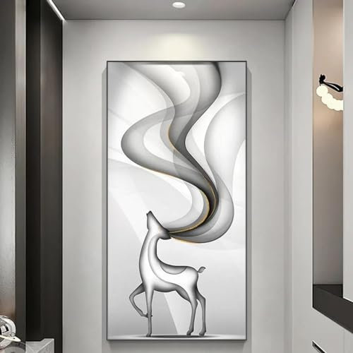 GELYX Schwarz-weißer abstrakter Smog-Hirsch, Leinwanddruck, Gemälde, Wandkunst, moderne minimalistische Hirsch-Poster für Veranda, Wohnzimmer-Dekor, 40 x 80 cm, rahmenlos