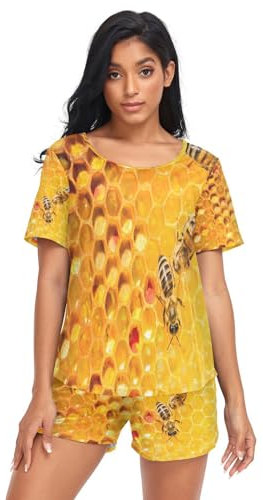 HMZXZ Damen Schlafanzug-Set Tier Bienen Sommer Pyjama Woman Set,Bienen Loungewear und Shorts Lounge Set Sleepwear Nachtwäsche