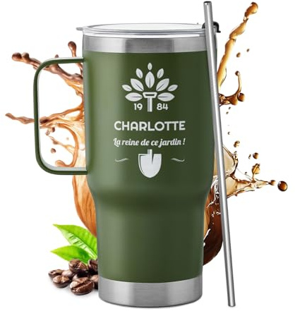 Maverton Mug Isotherme Gravé Vert 600 ml, Cadeau Personnalisé | Gobelet en Acier Inoxydable avec Paille et Boîte, chaud 6h/froid 10h, Cadeau Homme Personnalisé, Cadeau anniversaire femme
