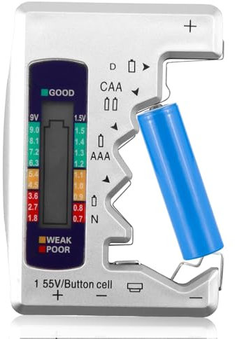 Universal Battery Checker - Digital Capacity Level Tester for AA, AAA, N, D, 9V, and 1.55V Button Cells (No Battery Required to Operate)