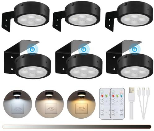 Lightsjoy Lot De 6 Lampe Murale Sans Fil Rechargeable, Eclairage Tableau Led Pile Avec Télécommande Dimmerable, Appliques Pour Tableaux Et Vitrines, Lampe Led Aimantée 3 Températures De Couleur(Noir)
