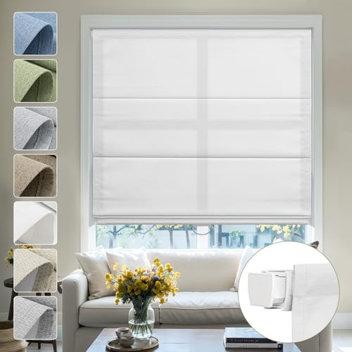 Moonice No Drill Roman Blinds for Windows Light Filtering Cordless Linen Roman Shades Elegant Fabric Shades for Indoor Windows,Thermal Insulated Tension Blinds for Bedroom Home (White,Custom Size)