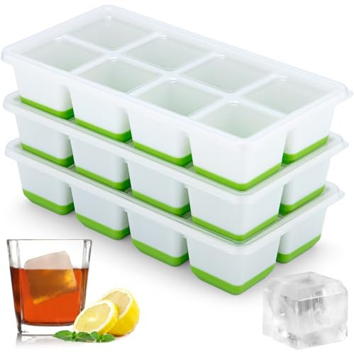 Sinnsally Silicone Ice Cube Trays,3 Pack Large Ice Cubes Tray with Lid,Square Big Silicone Ice Cube Moulds Set for Freezer Container,Reusable BPA Free Ice Cube Molds Maker for Whiskey,Cocktails(Green)