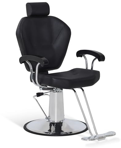 BarberPub sillón de barbero reposacabezas, sillones regulables en altura con bomba hidráulica giratoria 360°, PVC imitación cuero (Negro)