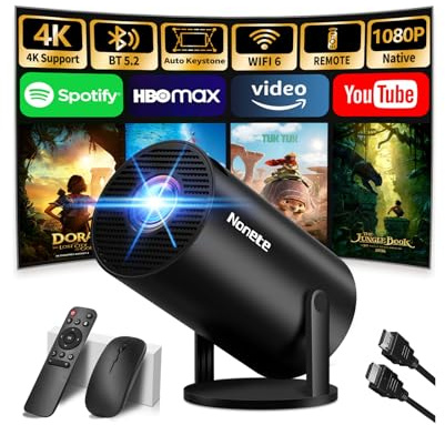 Projektor Eingebaute Apps & Android 11.0，Projektor mit WiFi 6 und Bluetooth Tragbarer Projektor Unterstützt 1080P, Automatische Vertikale Korrektur, 180° drehbar, Outdoor Film Projekto Schwarz