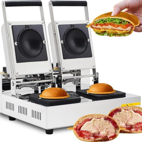 HERGDB Commercial Burger Waffle Maker Electric Panini Press Machine, Electric Ice Cream Sandwich Burger Maker Stuffed Waffle Machine, Double Head,breakfast Milk Tea Shop Equipment double/97(Double)