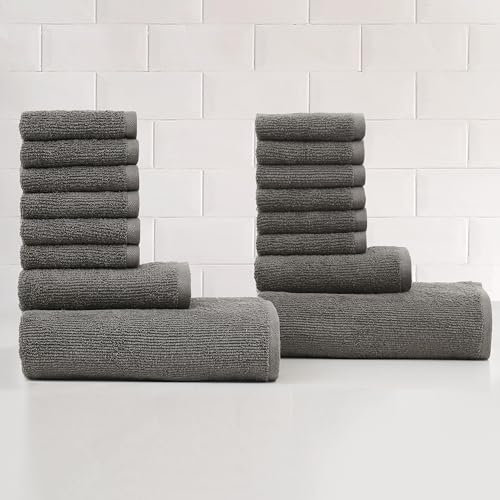 TRULY SOFT Essential Textured Grey 16-teiliges Handtuch-Set, solide strukturiert, für Damen und Herren, Oeko-TEX zertifiziertes Vertrauen