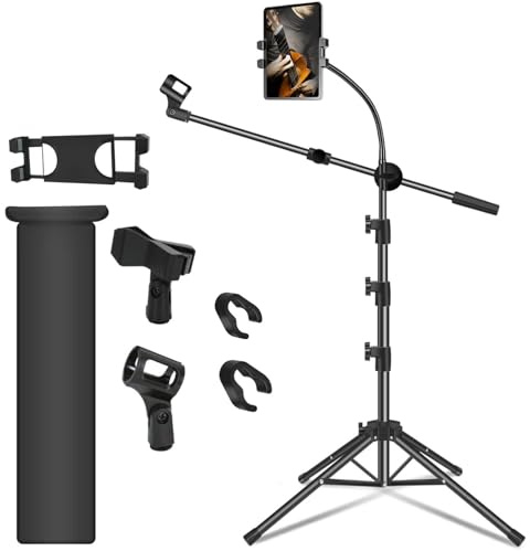 Mic Stand, Microphone Stand Floor Boom Mic Stand with Tablet Phone Holder Height Adjustable Four-legged Stand Gooseneck Boom Arm with 2 Mic Clips for Singing Stage Performance Party