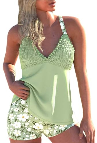 ROSEWE Womens Tankini Bathing Suits, Two-Piece Smocked Swim Dress, Print Swimsuits with Board Shorts Light Green
