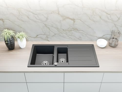 Faizee Home | Spülbecken Schwarz Gesprenkelt 100x50 cm aus Granit – Modell Napoli mit 1,5 Becken & Abtropffläche | Beidseitig montierbare Einbauspüle | Küchenspüle inkl. Siphon-Set
