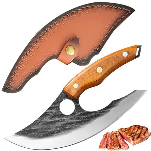 Fubinaty Home and Outdoor Cooking Knife 7 Inch Ulu Chef Knife Handmade Forged Japanese Kitchen Knives Full Tang High Carbon Steel Effortless Knife with Leather Sheath for Cutting Vegetable Pizza