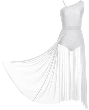 Sxiwei Robe Danse Contemporaine Femme Justaucorps Robe Danse Latine Salsa Valse Rumba Strass Tenue Patinage Artistique Blanc S