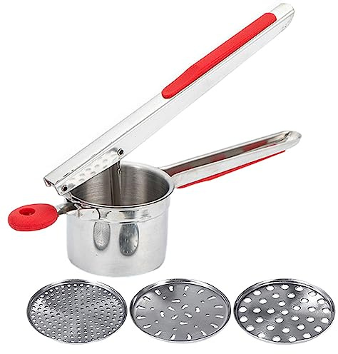 Potato Ricer,Stainless Steel Potato Masher with 3 Interchangeable Discs,Ricer for Mashed Potatoes,Mashed PotatoMasher for Commercial Home Use,Potatoes Press Kitchen Gadget,Red