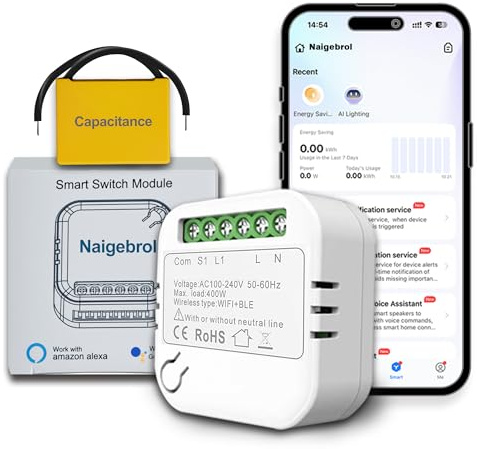 Naigebrol Smart Light Switch，No neutral wire required ，Works with Alexa and Google Home Assistant，Remote Control，Mini DIY Realy Module，Applicable to Wall Sockets and Switches，1 Gang White