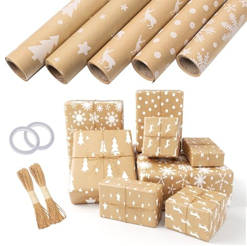 5 rullar presentpapper jul (43 cm x 300 cm) med 2 snören och 2 dubbelsidig tejp, festligt presentpapper med julmotiv för julklappar