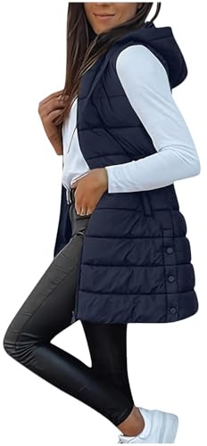 Women's Gilets Long Hooded Quilted Gilet Zip Up Sleeveless Lightweight Windproof Waistcoat Padded Winter Down Jacket Longline Body Warmer Thick Parka Tank Top Outwear Coat with Pockets