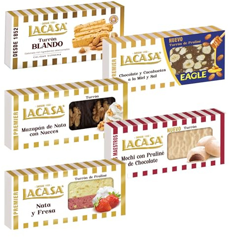 Pack Surtido 5 Turrones Lacasa:Mazapán de Nata con Nueces, Blando, Nata y Fresa, Mochi con Praliné de Chocolate,Cacahuete Eagle
